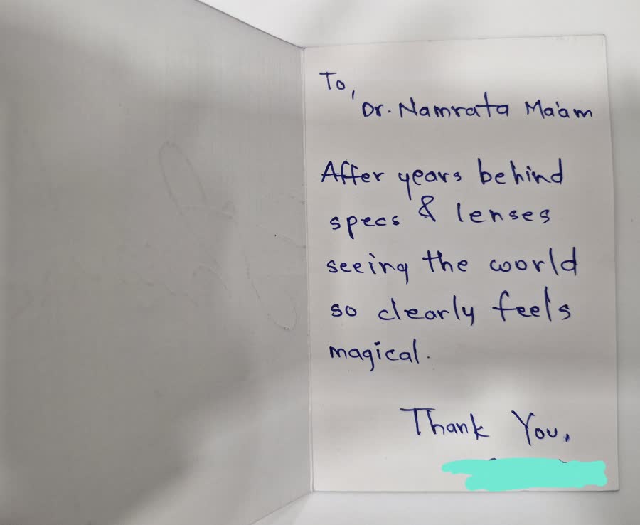 Handwritten thank you note from a patient of Dr. Namrata Kabra